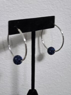 Silver Hoop Earrings with Blue Bead Accent
